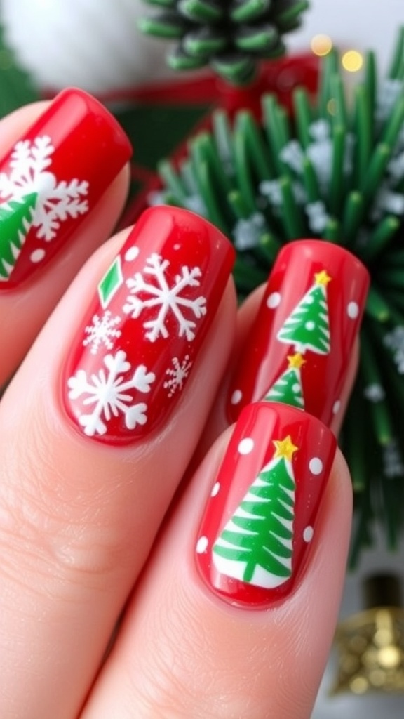 Short Christmas nails with red, green, and white designs, featuring snowflakes and Christmas trees.